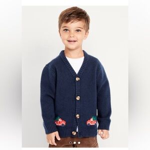 Navy Blue Kids Cardigan with Holiday Trucks Design NWT